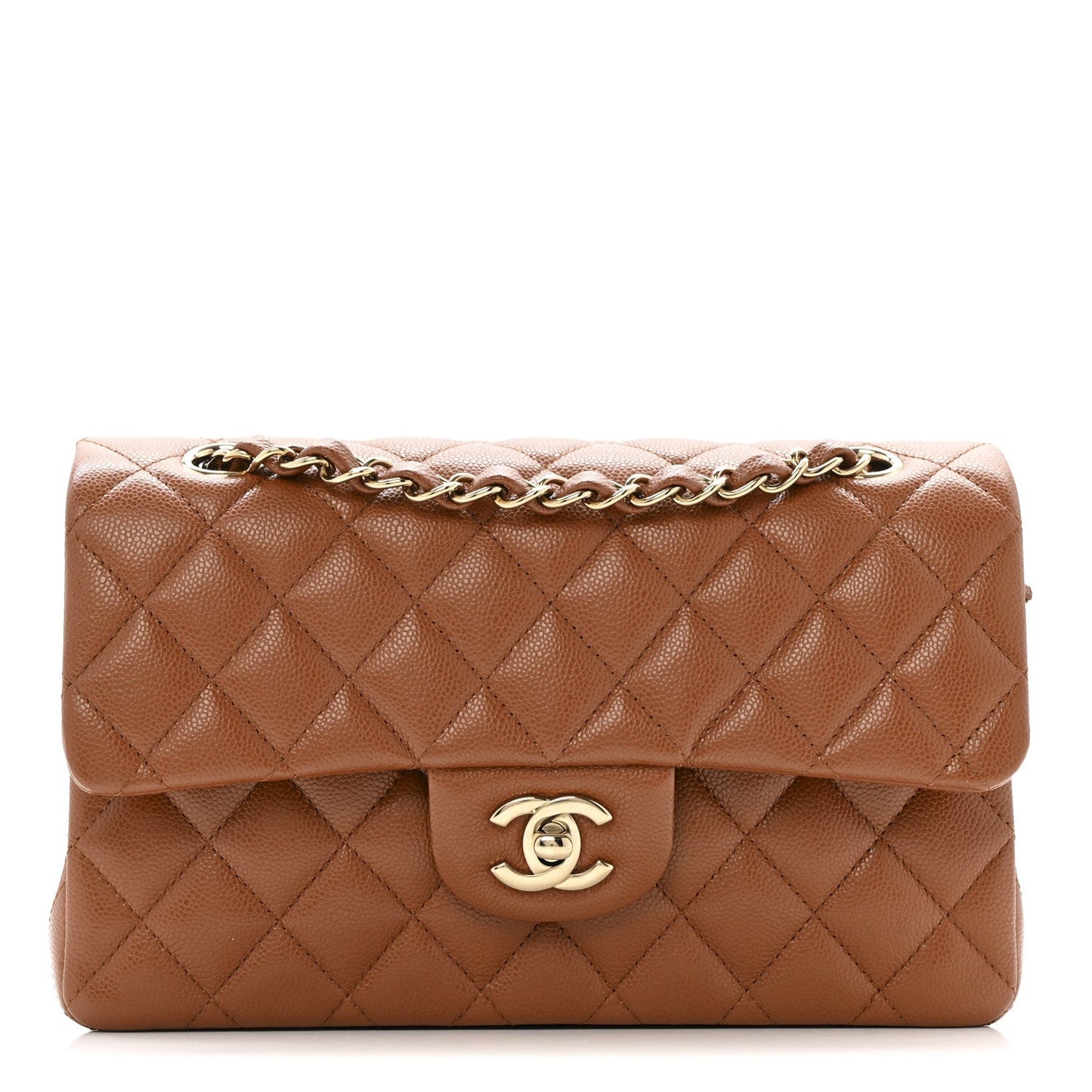 Caviar Quilted Small Double Flap Light Brown