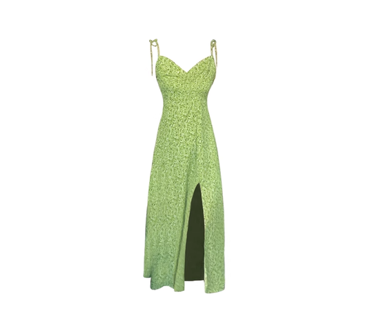Green suspender skirt 2025 new seaside holiday design floral slit dress R0078