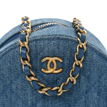 Denim Quilted Round Pearl Crush Clutch With Chain Blue