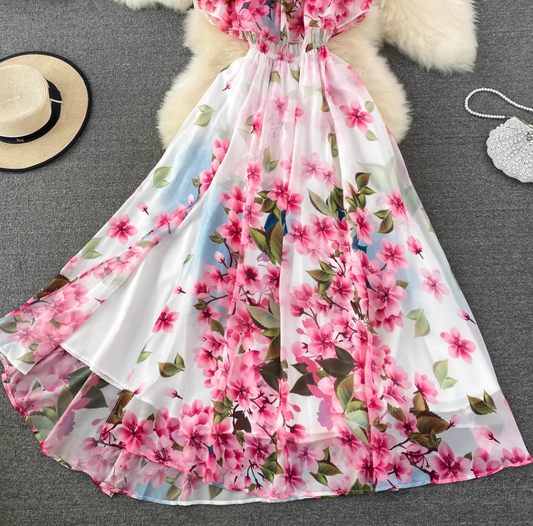 2025 new style ruffled one-shoulder printed two-way long skirt high waist slimming super fairy big swing dress R0352