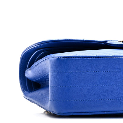 Caviar Chevron Quilted Small Double Flap Blue