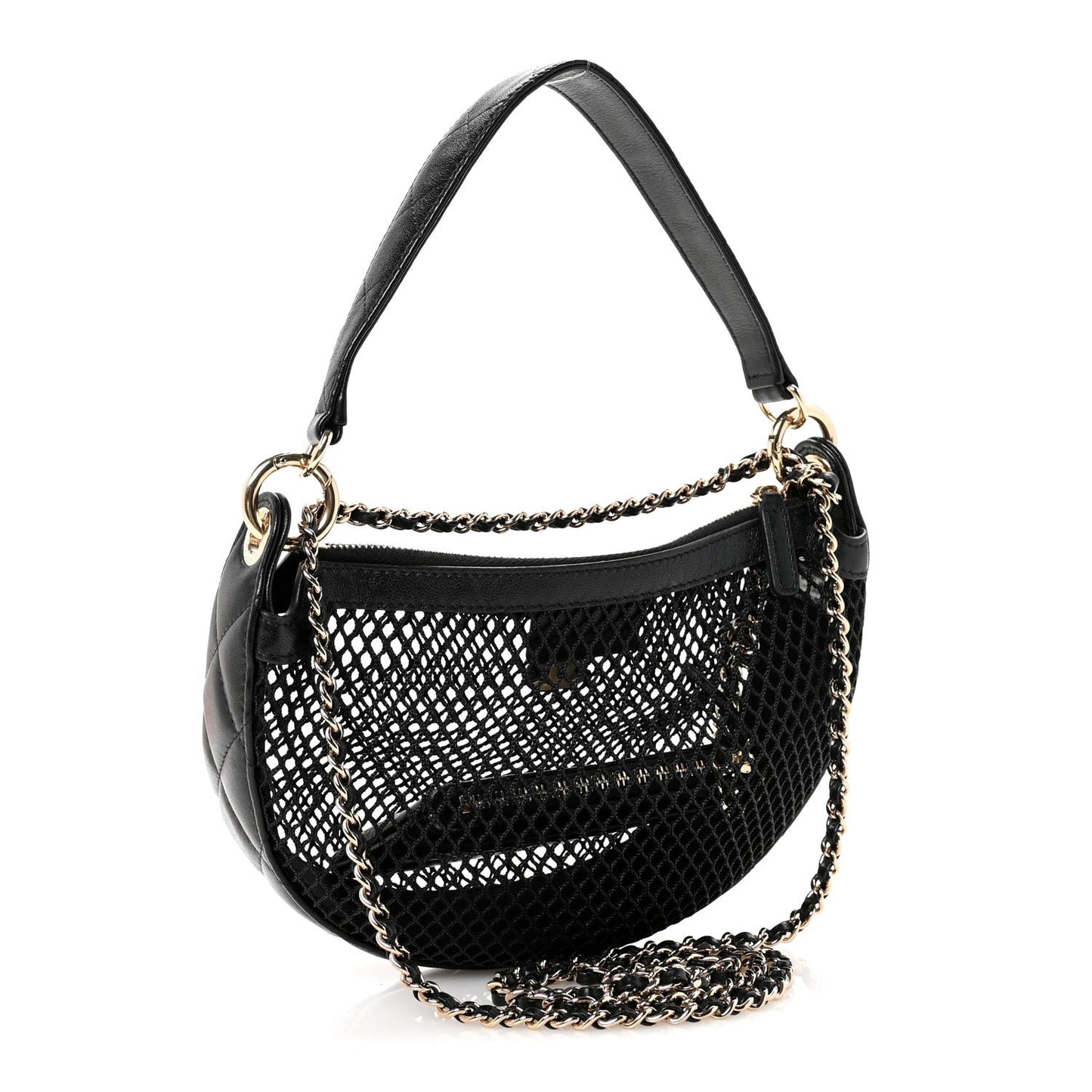 Mesh Shiny Lambskin Chain Hobo Black