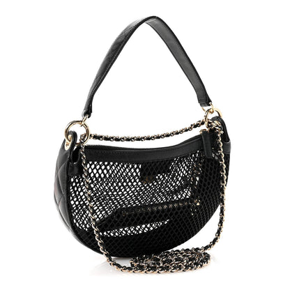Mesh Shiny Lambskin Chain Hobo Black