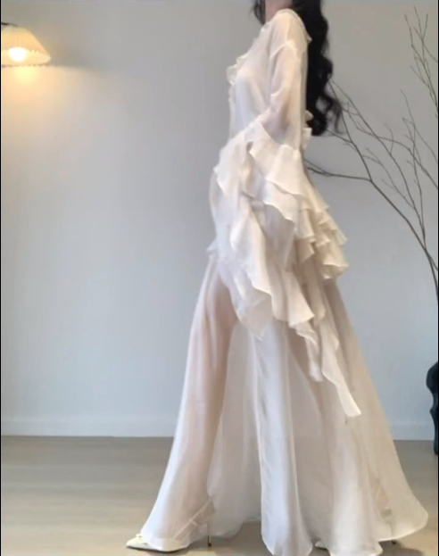 2025 unique and beautiful small suit Qianjinfeng chiffon top skirt high-end small dress two-piece suit R0412