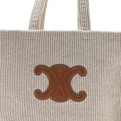 Canvas Calfskin Striped Triomphe Large Cabas Beige