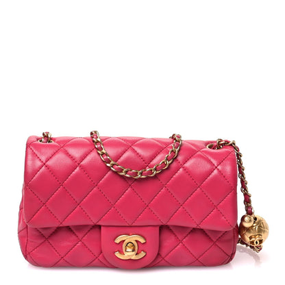 Lambskin Quilted Mini Rectangular Pearl Crush Flap Fuchsia
