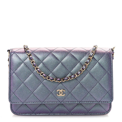 Iridescent Caviar Quilted Wallet on Chain WOC Dark Blue