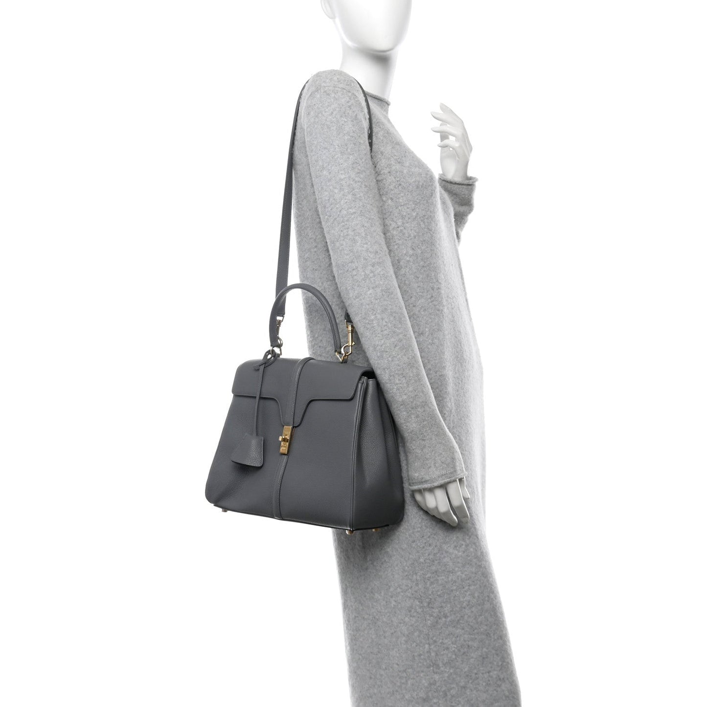 Grained Calfskin Medium 16 Top Handle Bag Grey