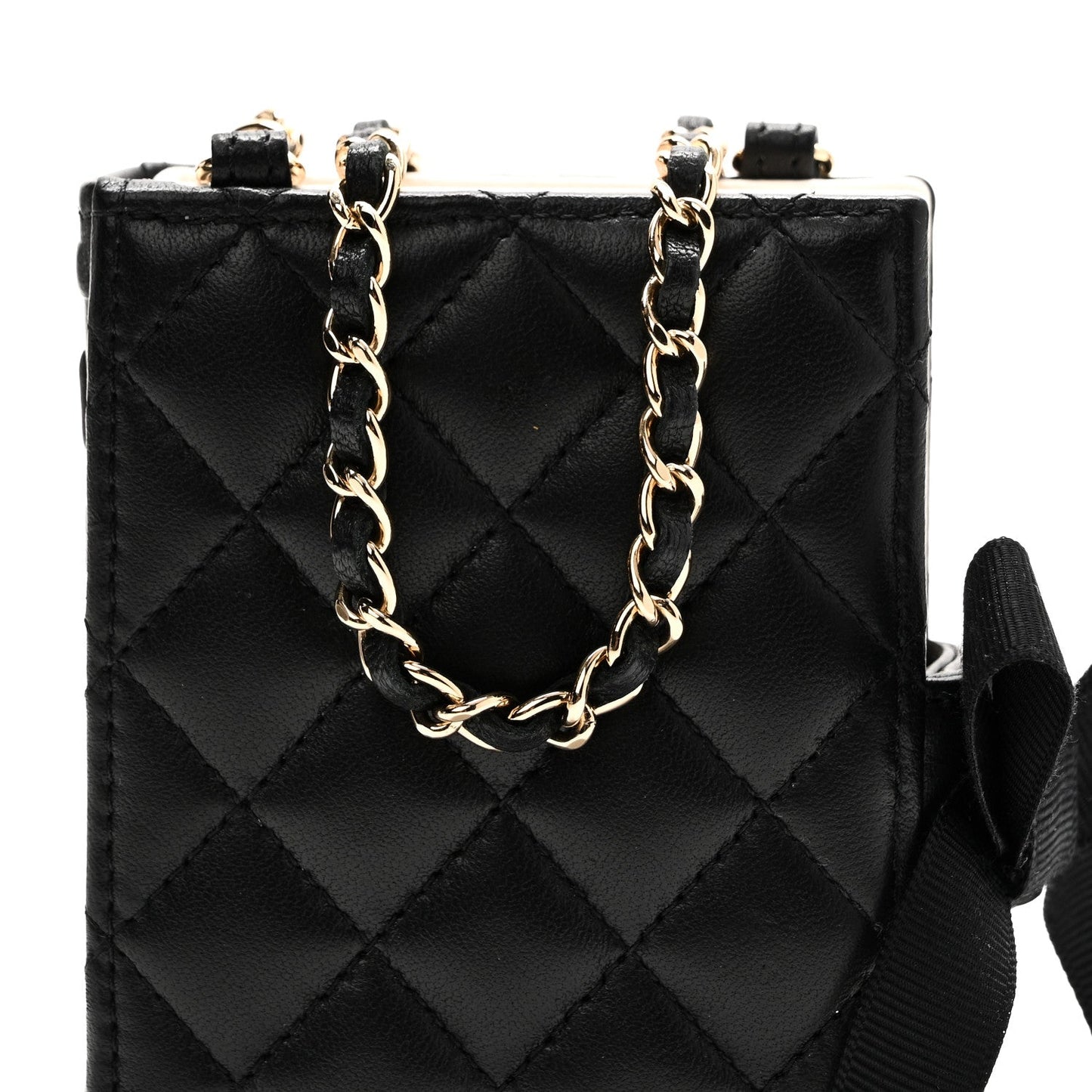 Lambskin Quilted Book Card Holder on Chain Black