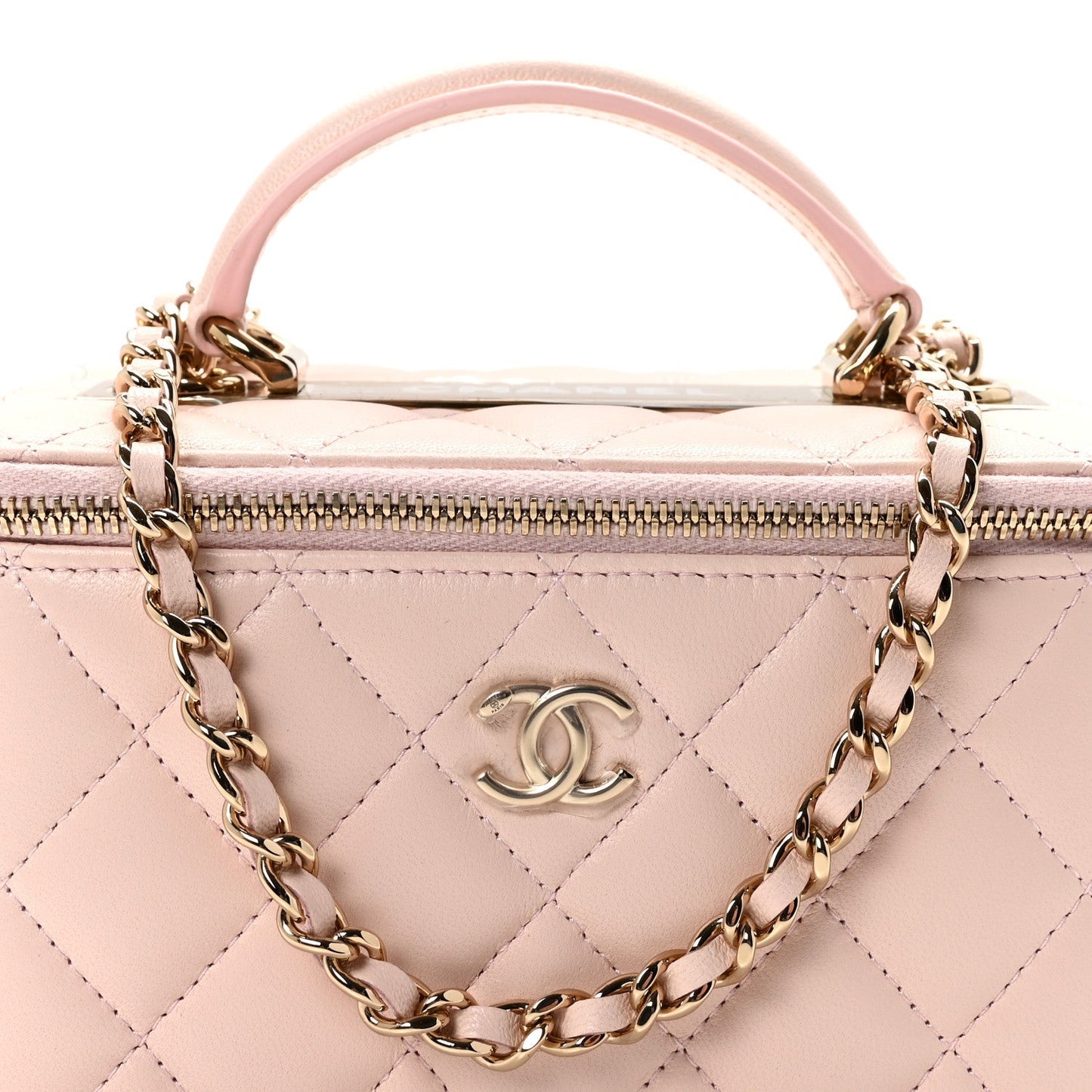 Lambskin Quilted Trendy Small Top Handle Vanity Case With Chain Light Pink