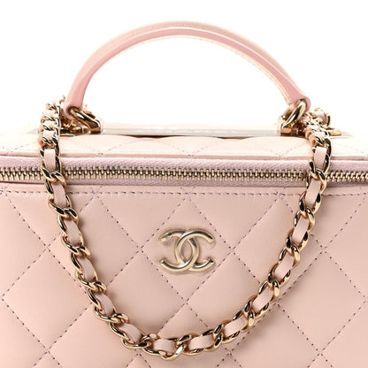 Lambskin Quilted Trendy Small Top Handle Vanity Case With Chain Light Pink