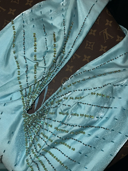 Light blue halter-neck fitted mermaid long ball gown R6994
