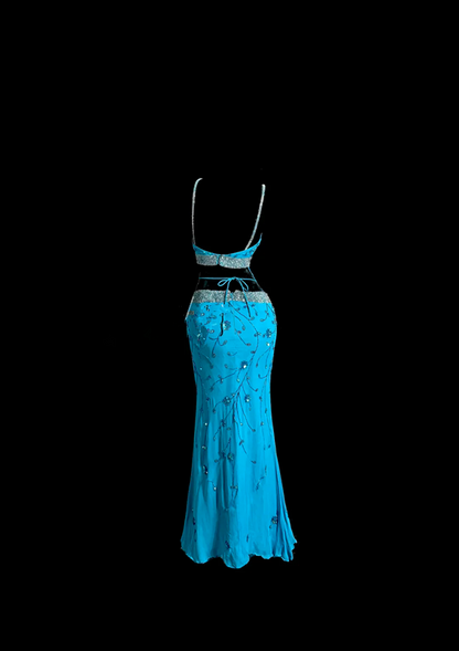 Blue halter-neck backless sexy fitted ball gown R6635
