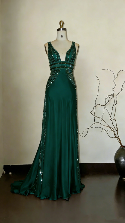 Gorgeous Sleeveless Beaded Champagne Evening Dresses Long Mermaid Party Dress SP1685