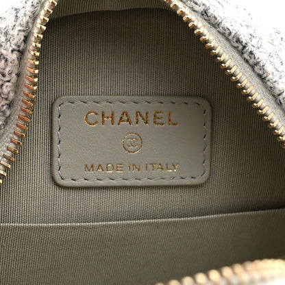 Wool Tweed Lambskin Quilted Chanel 19 Round Clutch With Chain Grey Ecru
