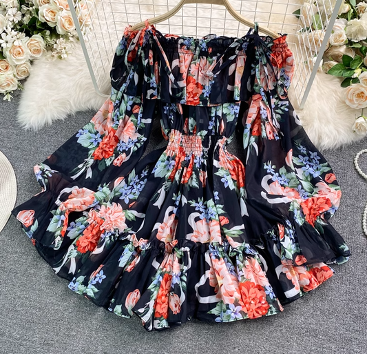 Holiday one-shoulder off-shoulder printed chiffon jumpsuit skirt super fairy wide-leg pants jumpsuit R0380