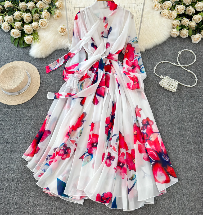 French elegant dress spring dress with bow tie collar slim fit long swing chiffon holiday dress R0351