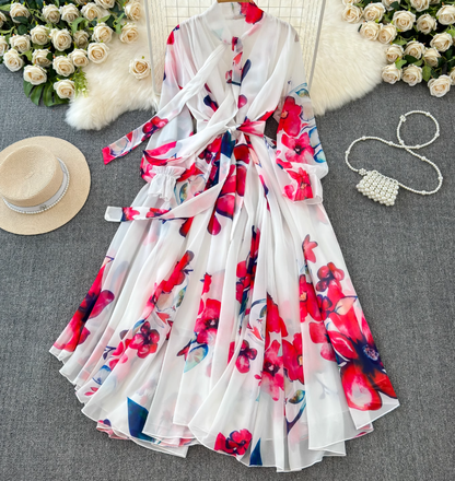 French elegant dress spring dress with bow tie collar slim fit long swing chiffon holiday dress R0351