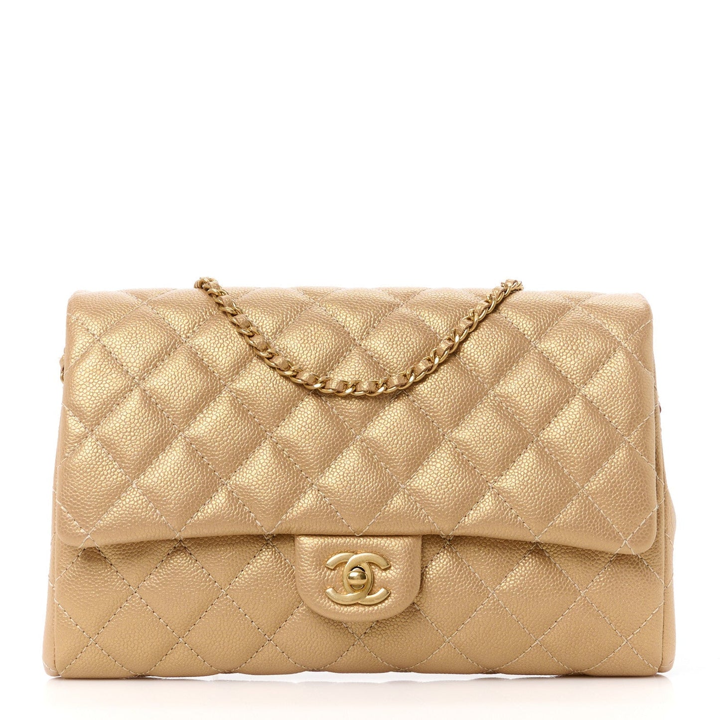 Metallic Caviar Quilted Clutch With Chain Flap Gold