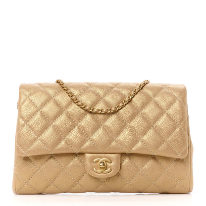 Metallic Caviar Quilted Clutch With Chain Flap Gold
