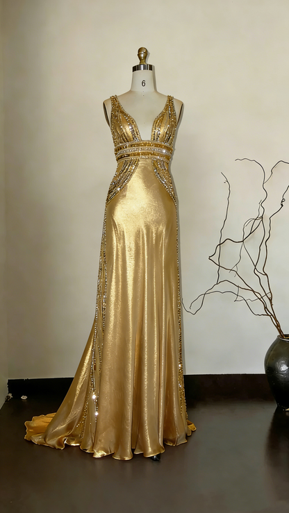 Gorgeous Sleeveless Beaded Champagne Evening Dresses Long Mermaid Party Dress SP1685
