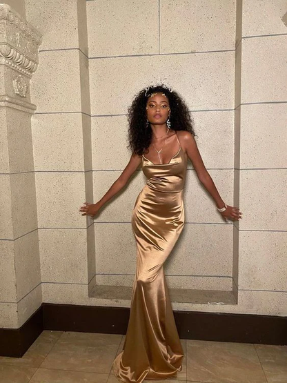 Gold Spaghetti Straps Mermaid Satin Long Evening Party Dress MD7353