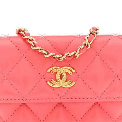 Shiny Lambskin Quilted Card Holder On Chain Pink