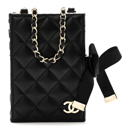 Lambskin Quilted Book Card Holder on Chain Black