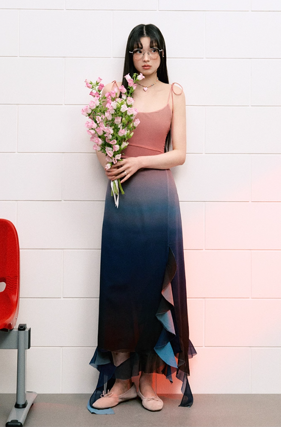 Design suspender dress high waist summer waist slimming gradient irregular long skirt R3328