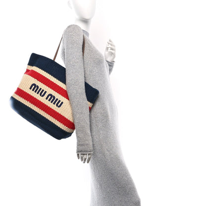Raffia Crochet Stripe Tote Natural Blue