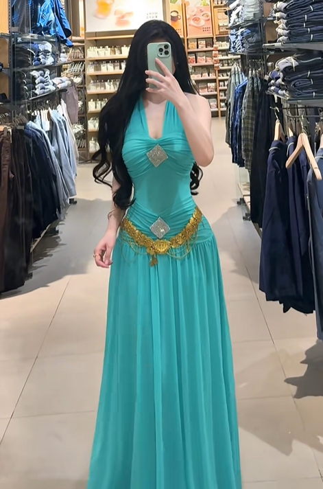 Lake blue halter neck sexy fitted waist long ball gown R7903