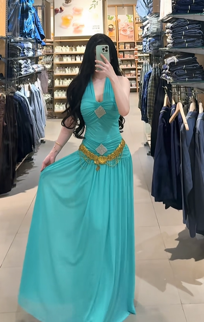 Lake blue halter neck sexy fitted waist long ball gown R7903
