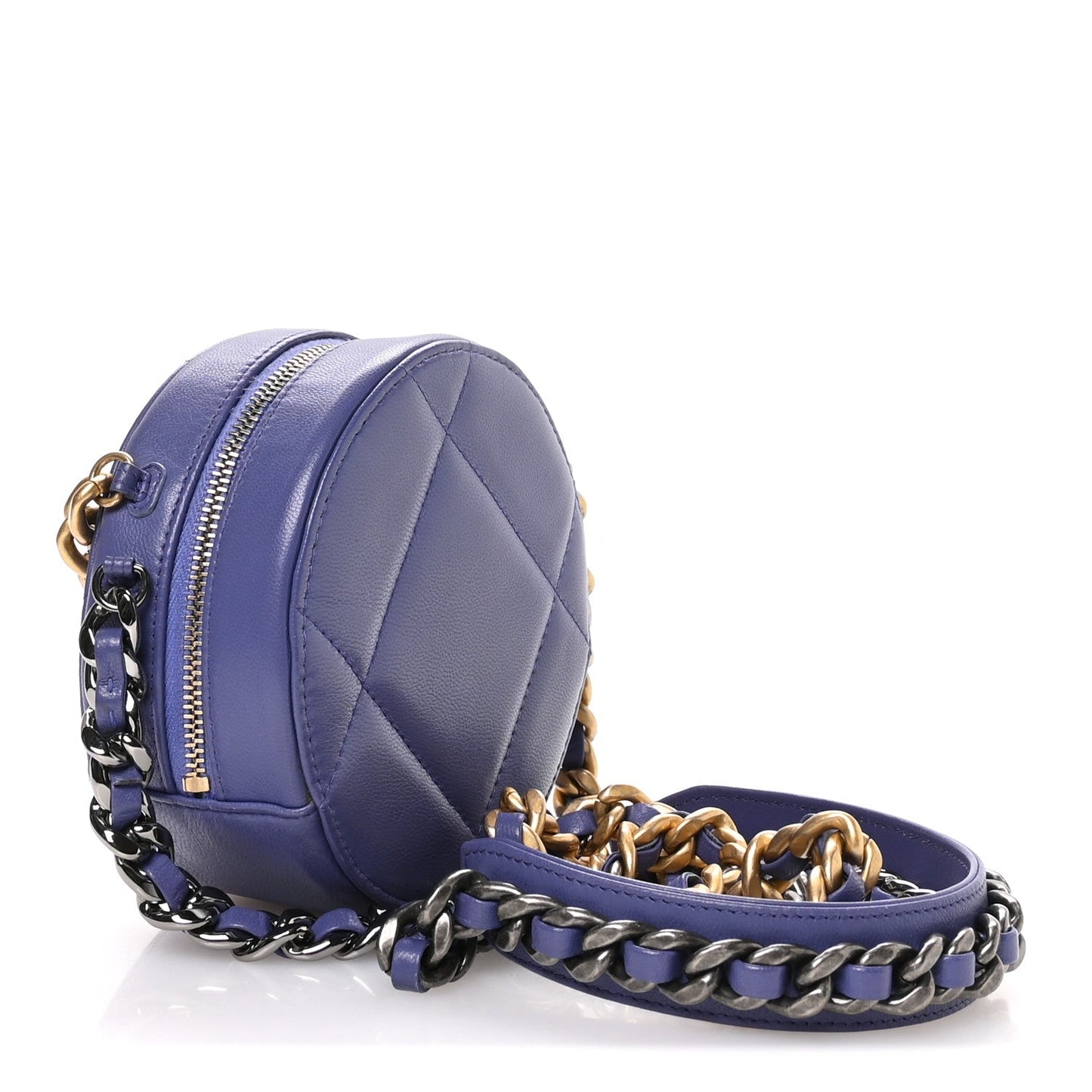 Lambskin Quilted Chanel 19 Round Clutch With Chain Purple