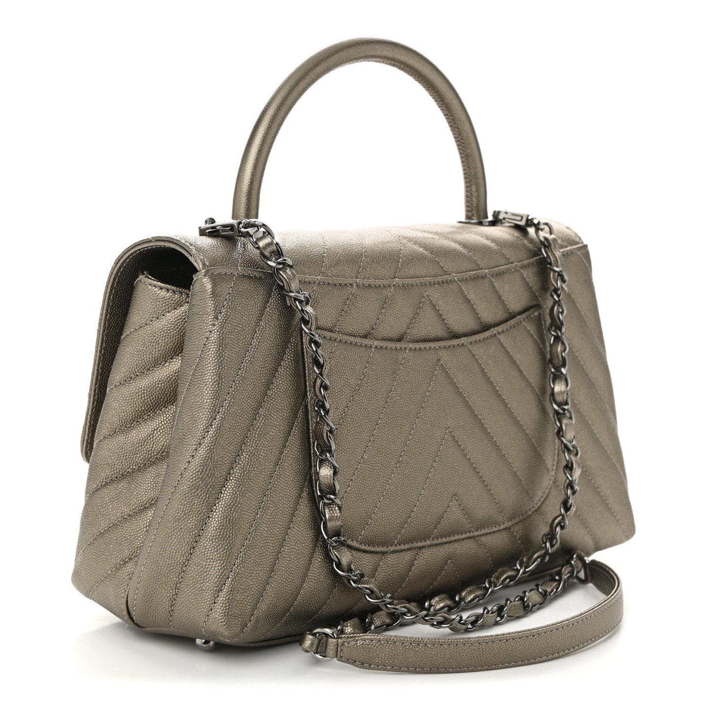 Metallic Caviar Chevron Quilted Small Coco Handle Flap Light Gold