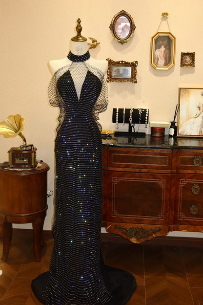 Black halter-neck waist-cinching slim-fit bodycon long sexy prom dress R7944