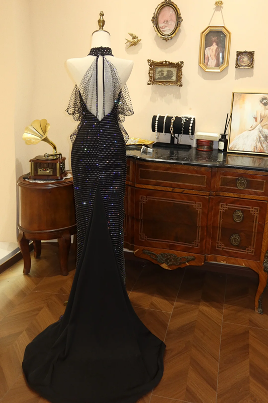 Black halter-neck waist-cinching slim-fit bodycon long sexy prom dress R7944