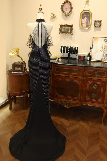 Black halter-neck waist-cinching slim-fit bodycon long sexy prom dress R7944