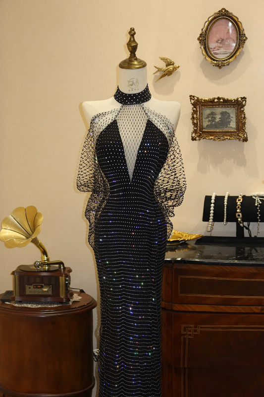 Black halter-neck waist-cinching slim-fit bodycon long sexy prom dress R7944