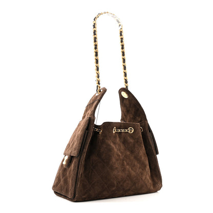 Suede Quilted Small Chanel 25 Handbag Dark Brown