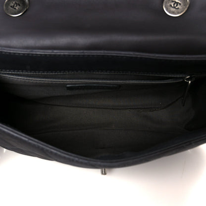 Shiny Goatskin Quilted Small Double Chained Messenger Flap Black