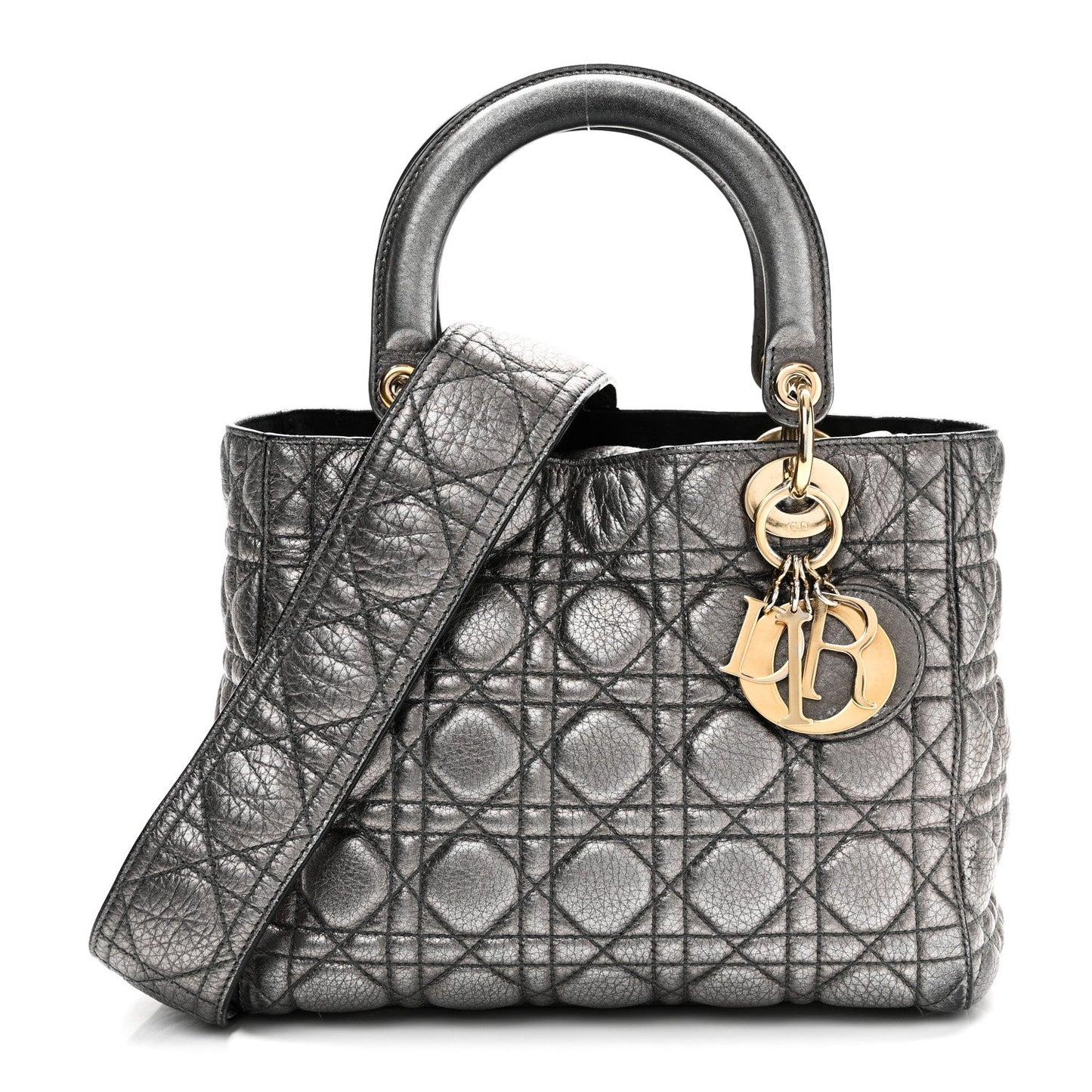 Metallic Grained Calfskin Cannage Medium Supple Lady Dior Steel