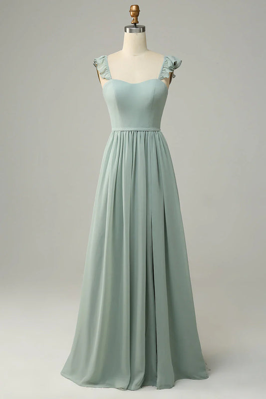 A Line Grey Sage Lotus Edge Bridesmaid Dress