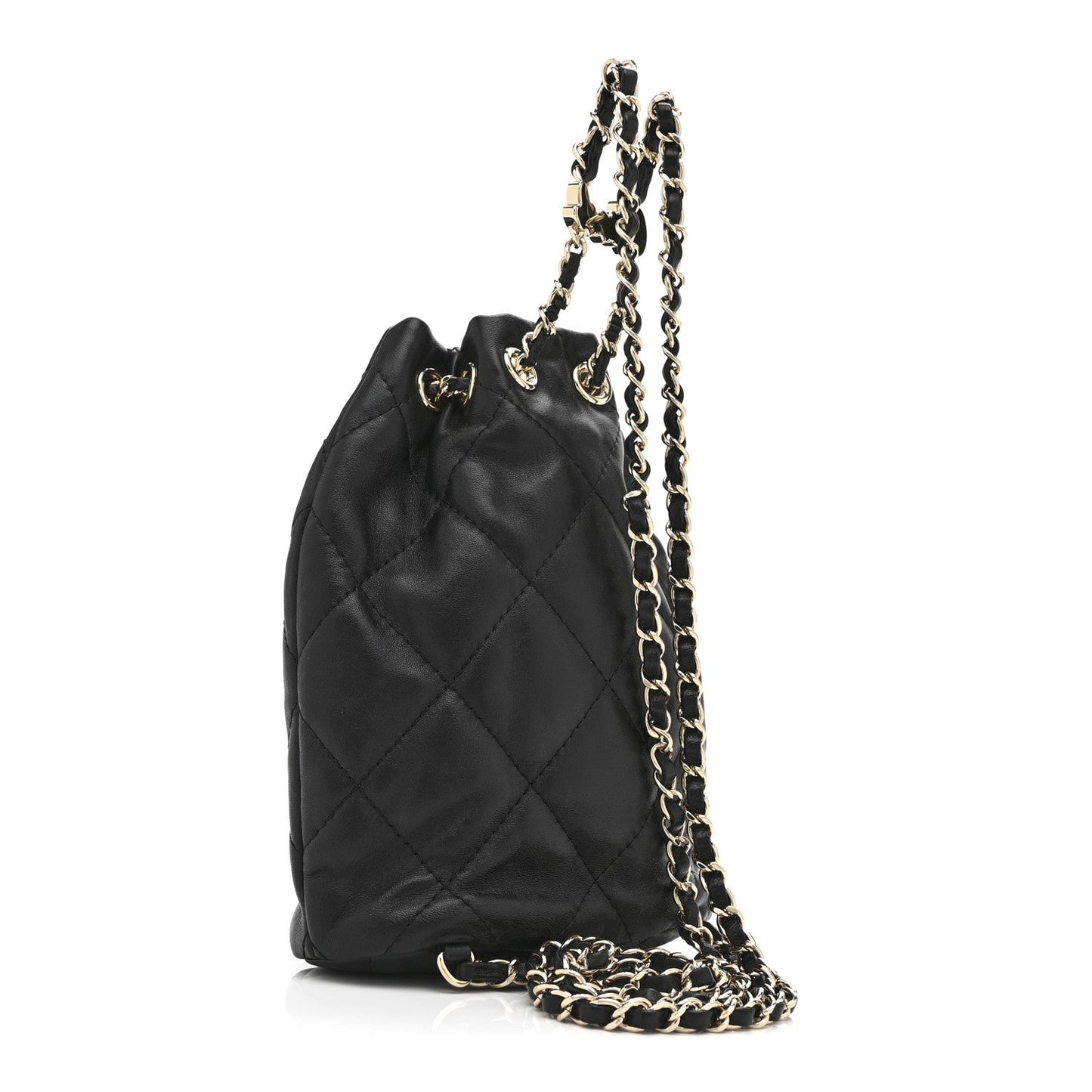 Shiny Lambskin Quilted Drawstring Backpack Black