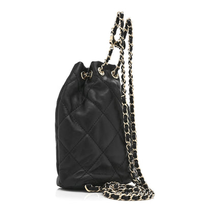 Shiny Lambskin Quilted Drawstring Backpack Black