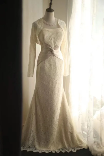 White strapless fitted waist slim-fitting lace skirt long ball gown R6798