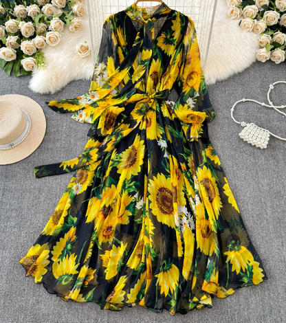 French elegant dress spring dress with bow tie collar slim fit long swing chiffon holiday dress R0351