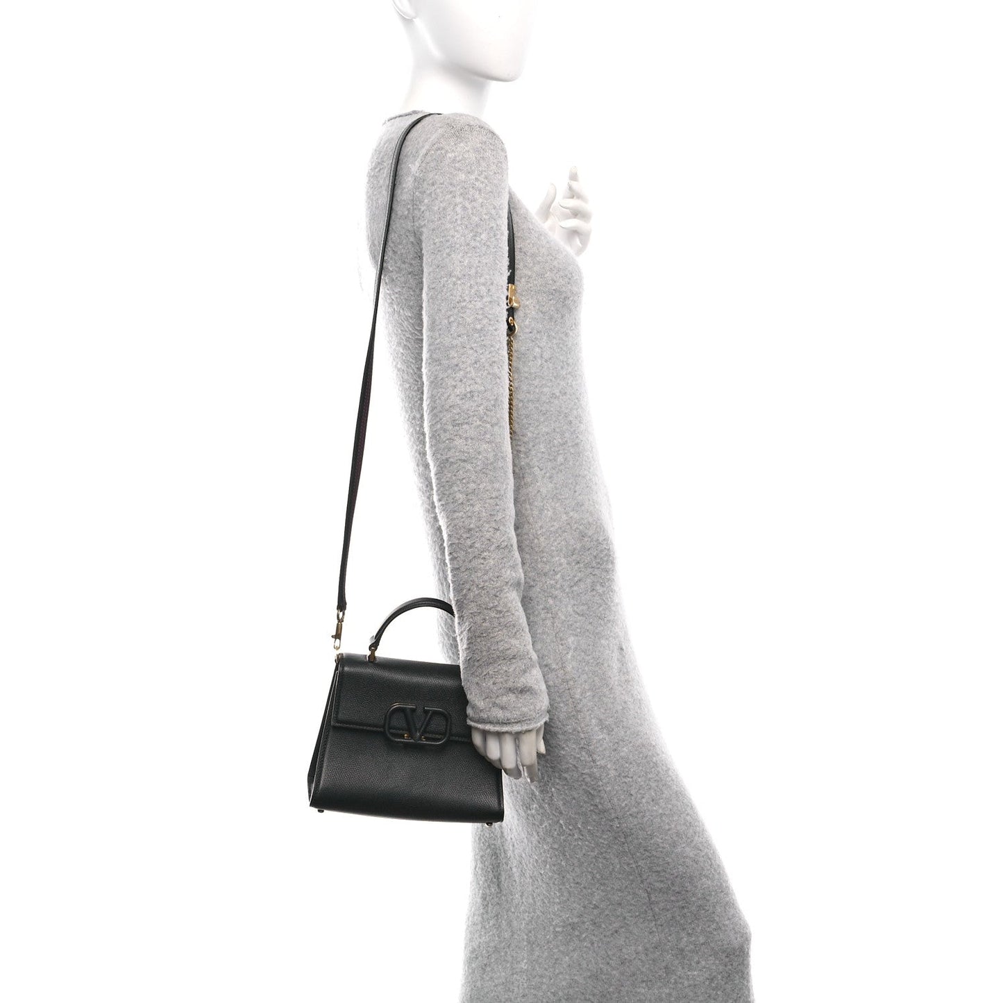 Grainy Calfskin Small VSling Top Handle Bag Black