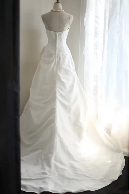 White strapless, fitted waist, full skirt, long ball gown R6720