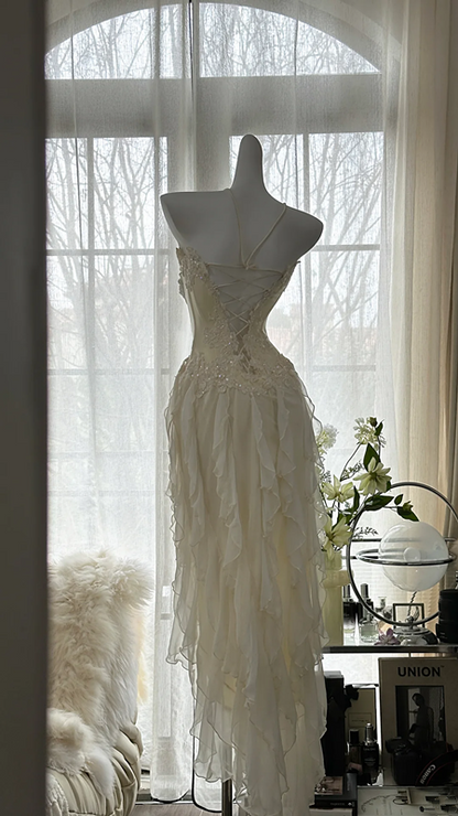 Apricot white strapless, fitted waist, pleated, irregular long ball gown R7674