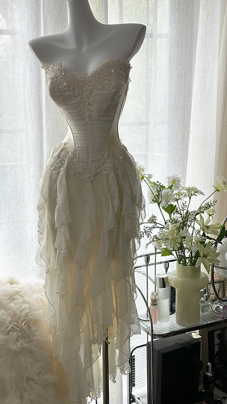 Apricot white strapless, fitted waist, pleated, irregular long ball gown R7674